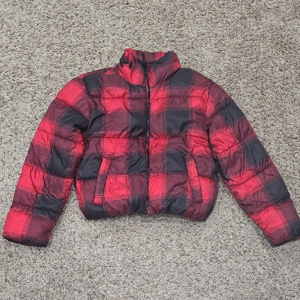 Red and Black Plaid Puffer Jacket